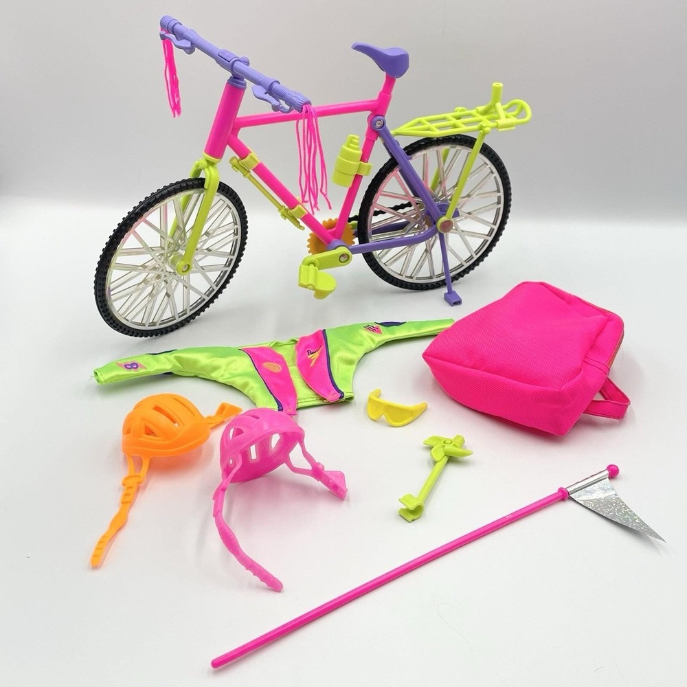 Vintage 1990s Barbieโ Neon Bicycle Bike w/ Helmet Backpack Flag Jacket Set